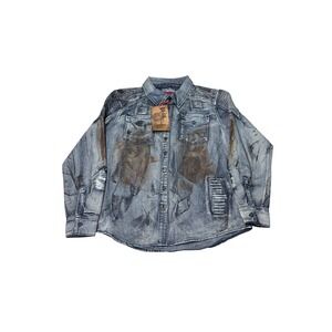 NWT GS-115 Moto Denim Shirt Men XL Blue Acid Wash Paint Splatter Limited Edition